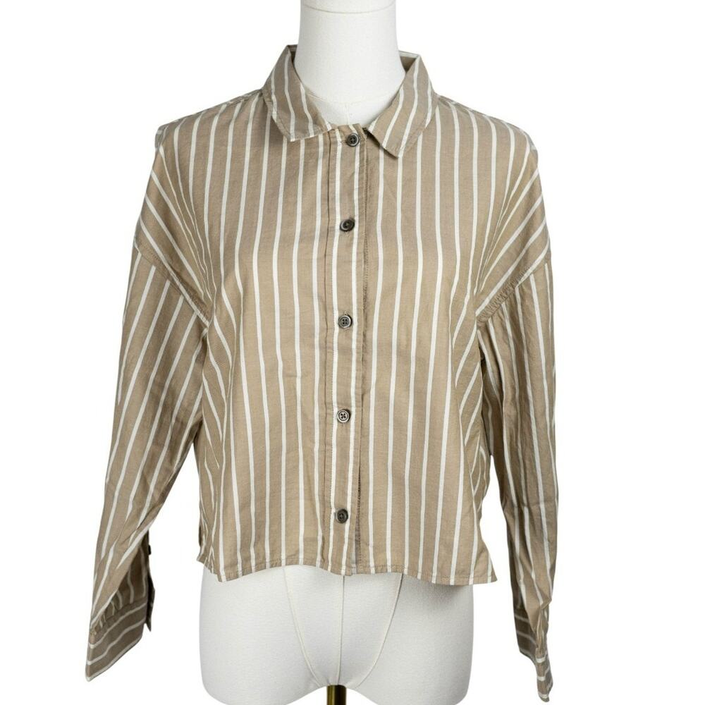 Everlane XS The Boxy Oxford Cropped Button Down Tan Stripe NWT